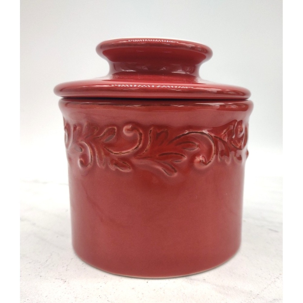 BUTTER BELL French Crock By L. Tremain Farmhose RED Leaf Pattern Ceramic EUC